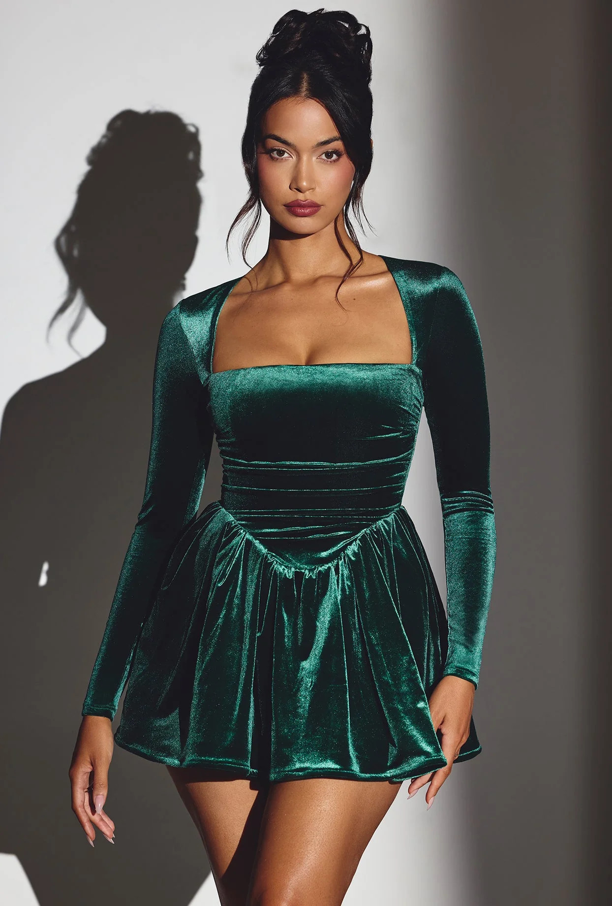 Velvet Long Sleeve Corset Mini Dress in Emerald Green | Oh Polly