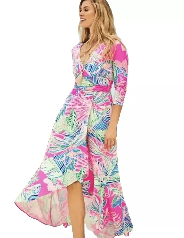 Lilly Pulitzer Montague Maxi Wrap Dress Raz Berry Sunset Soiree Size XL | eBay US
