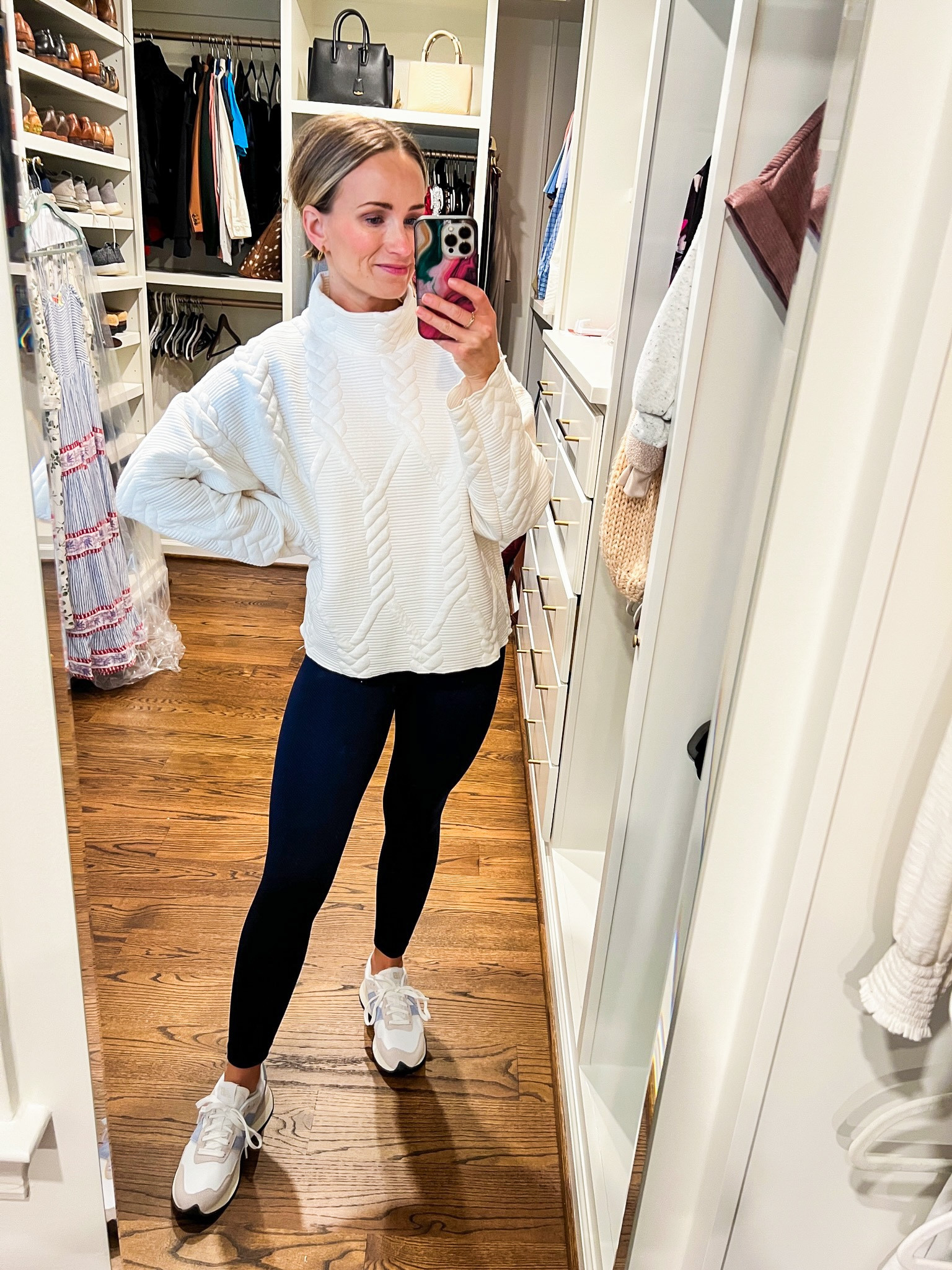 Ribbed SPANX leggings (on sale for $60) in an XS, Zara Quilted Sweatshirt (size S), and New Balance 237 Shoes in the white/grey/blue color way. Linking a similar sweatshirt since Zara isn’t on LTK.  #athleisure #casual 