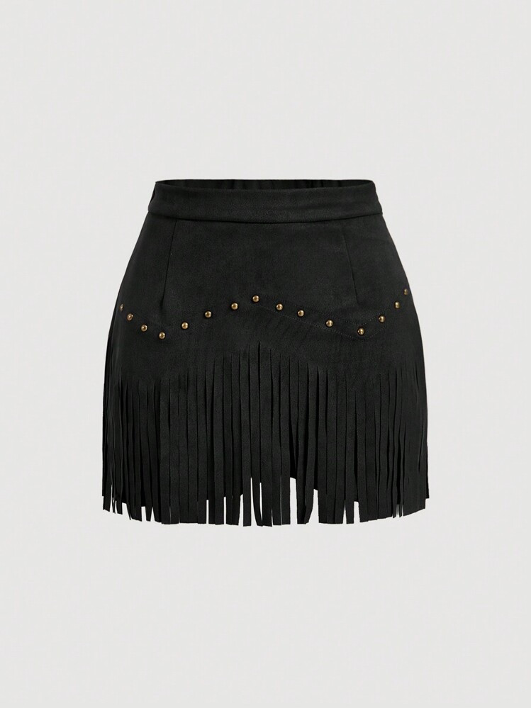 SHEIN MOD Women's Vintage Hippie Rivet Fringe Black Suede A-Line Skirt, Autumn Skirt,Nashville Outfits,Pirate Skirt | SHEIN
