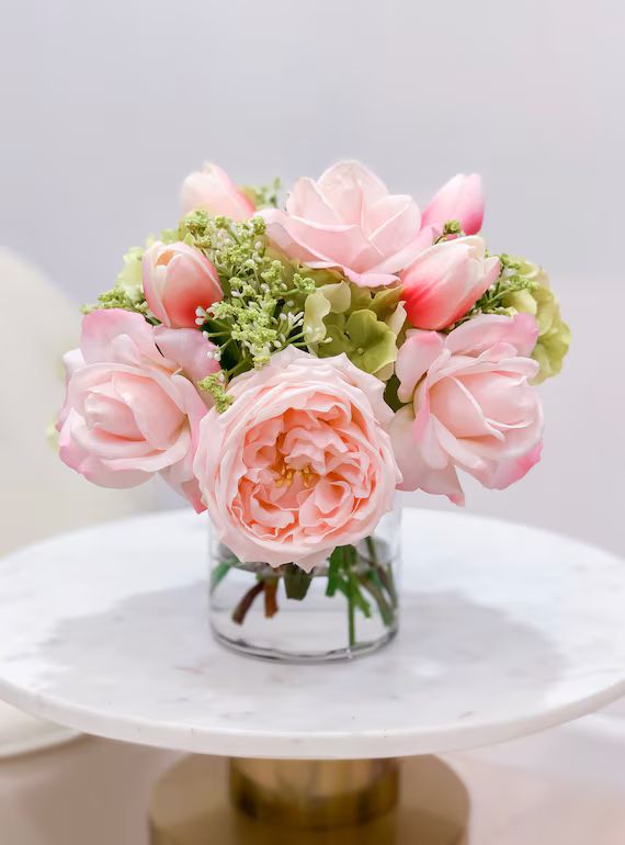 Pink Centerpiece-Rose Real Touch Flower Arrangement-Peonies Flower Arrangement-Pink Real Touch Ro... | Etsy (US)