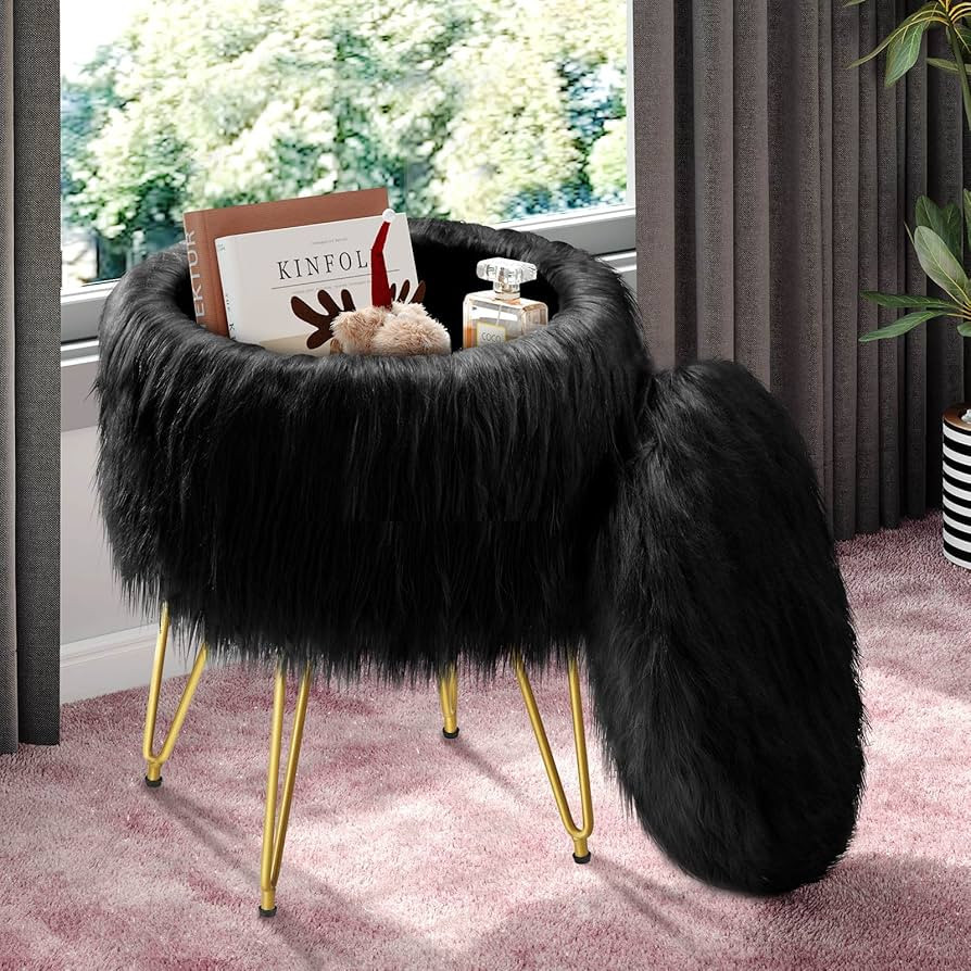 GREENSTELL Vanity Stool Chair with Storage, 15.75" W x 19.29" H Round Faux Fur Ottoman with 4 Met... | Amazon (US)