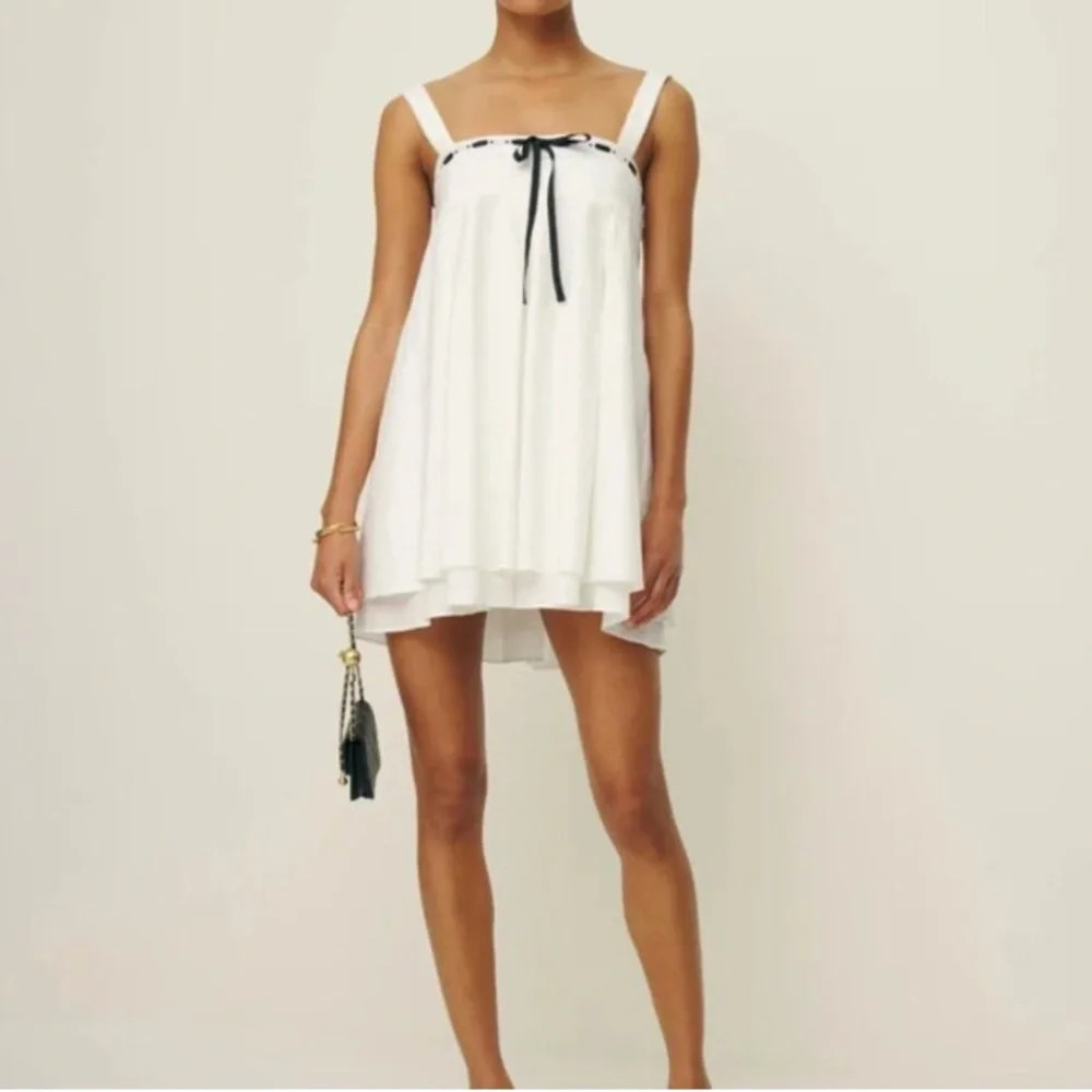 Reformation‎ Shai Mini Dress White Cotton Black Bow French Casual Size 12 NWT | Poshmark