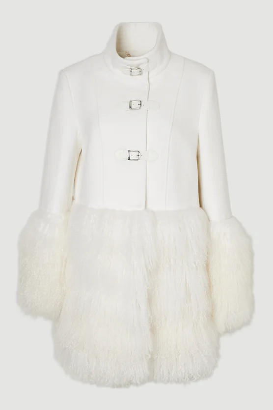 Brushed Wool And Shearling Buckle Detail Short Tailored Coat | Karen Millen UK + IE + DE + NL