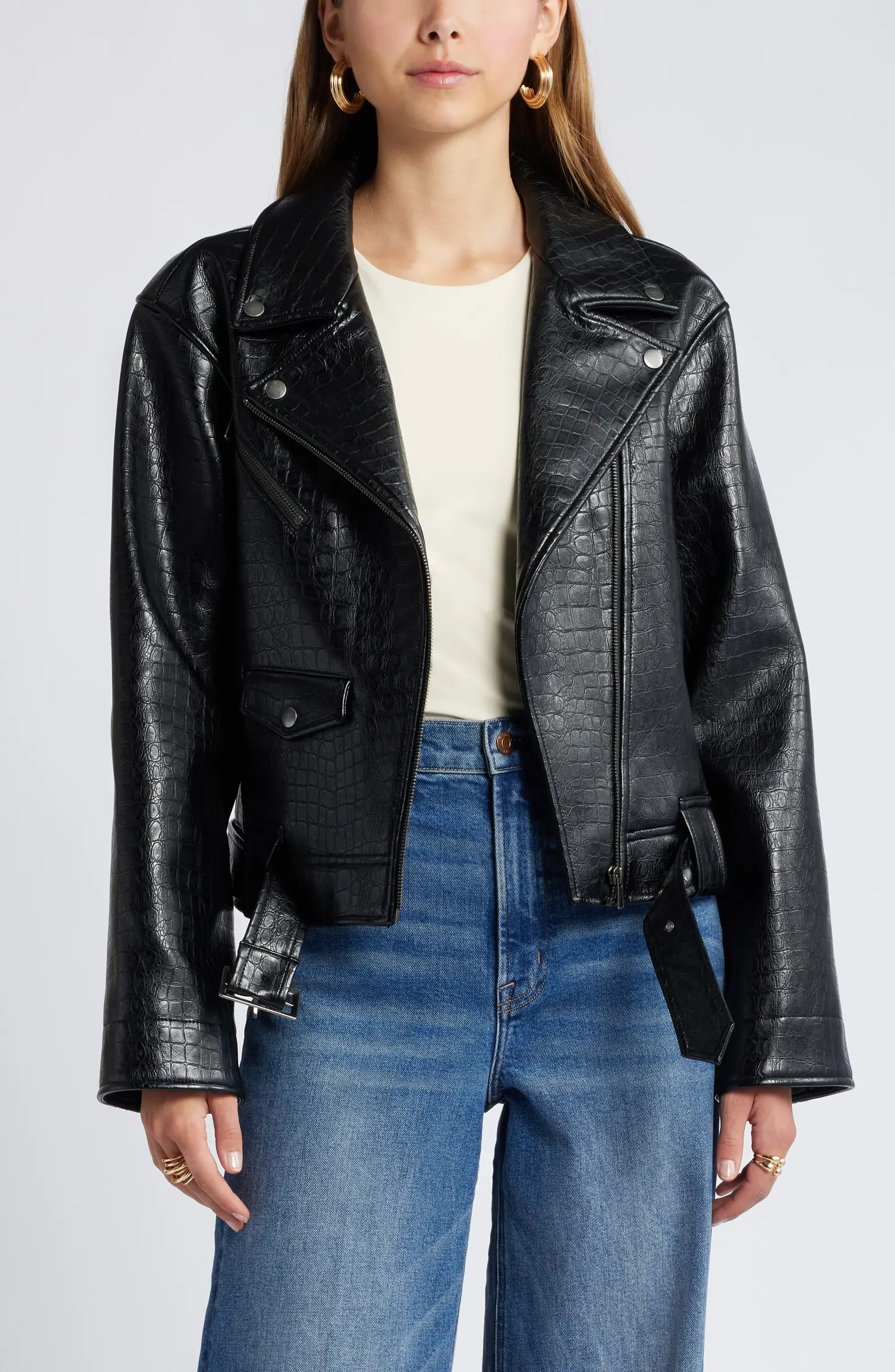 Belted Oversize Croc Embossed Faux Leather Moto Jacket | Nordstrom
