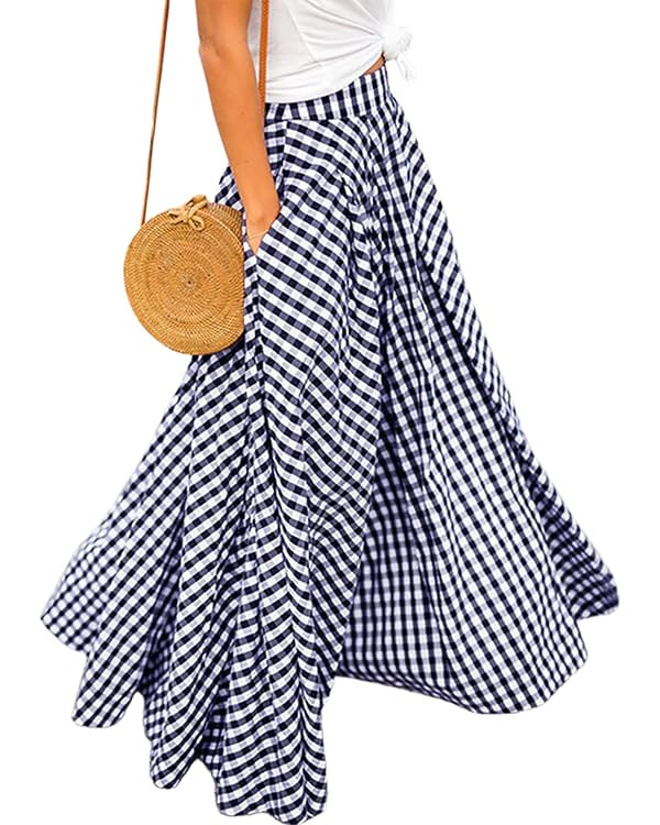 Women's Plaid Gingham Maxi Skirt High Waist A Line Pleated Flared Summer Casual Swing Long Skirt ... | Amazon (US)