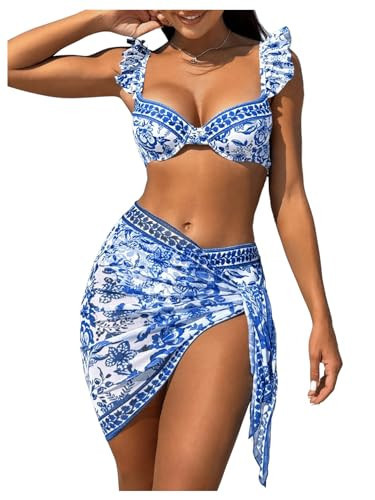 BEAUDRM Women's 3 Piece Swimsuits Floral Print Ruffle Trim High Waist Bathing Suit with Cover Up Beach Skirt Blue Medium | Amazon (US)