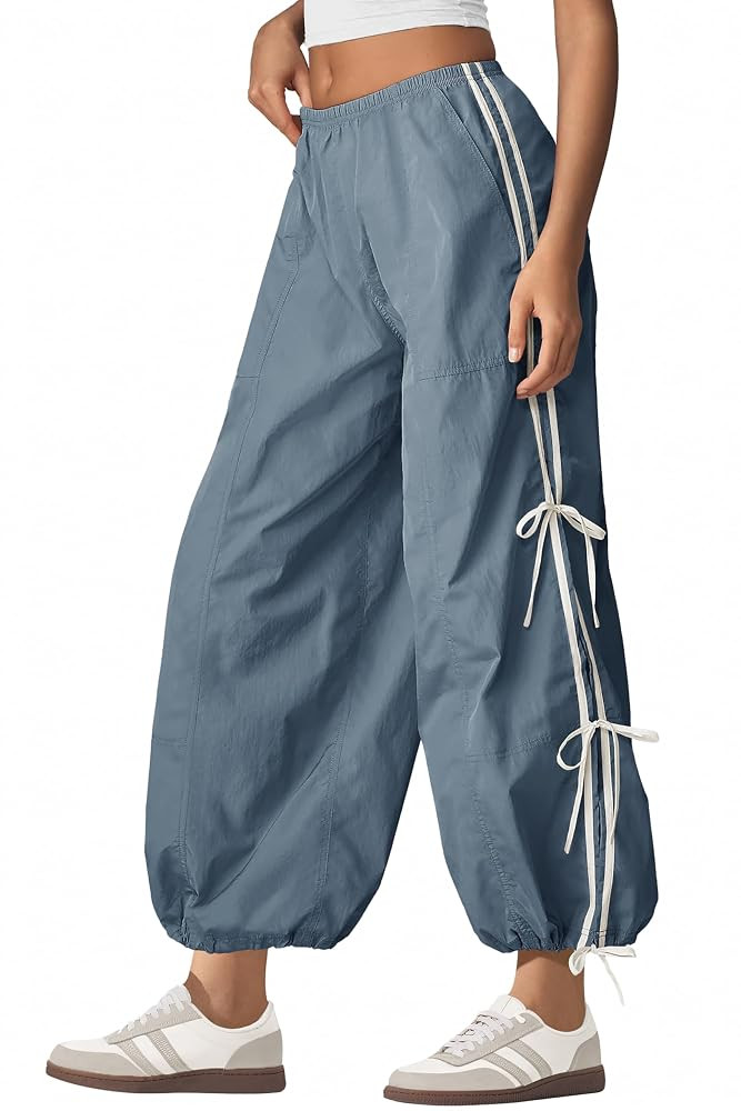 Panadila Women Parachute Pants Elastic Waist Baggy Track Pants Bow Knot Loose Trousers Casual Str... | Amazon (US)