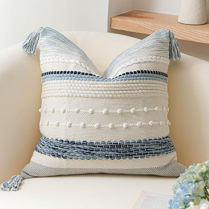 BlissBlush Coastal Blue Boho Decorative Throw Pillow Cover 20x20 Modern Bohemian Accent Pillow Ca... | Amazon (US)