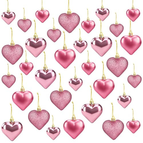 36Pcs Valentines Day Heart Ornaments, 2 Size Heart Shaped Valentine Ornaments for Tree, Pink Glitter Baubles, Anniversary Romantic Valentine's Day Tree Hanging Decorations | Amazon (US)