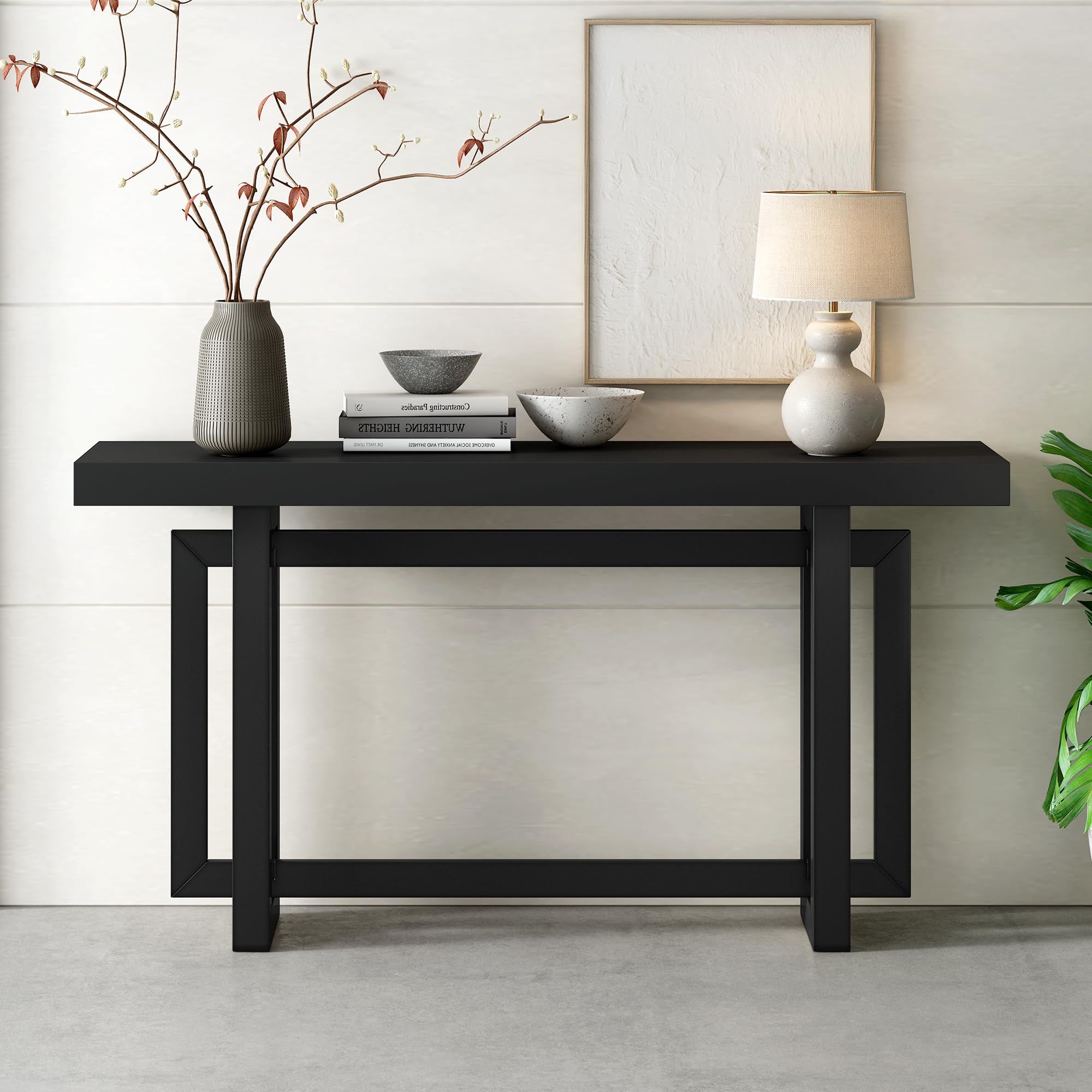Contemporary Console Table with Industrial-Inspired Concrete Wood Top, Wood Legs, Extra Long Entryway Table for Entryway, Hallway, Living Room, Foyer, Corridor (Black) | Amazon (US)