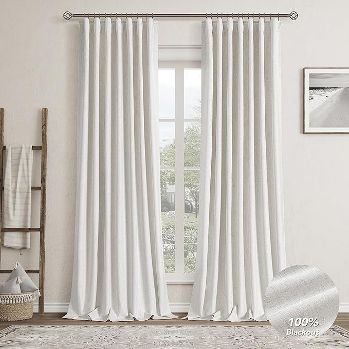 Cream Blackout Linen Curtains 102 Inches Long for Bedroom Hook Belt Thermal Insulated Noise Reduc... | Amazon (US)