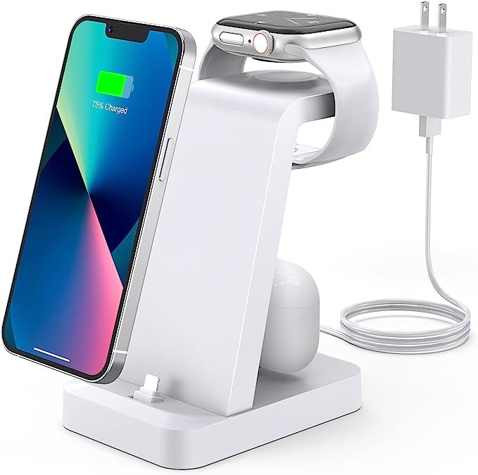 Charging-Station-for-iPhone 3-in-1-White-Wireless-Charger-Stand Charging-Dock for-Apple-Watch-Ser... | Amazon (US)