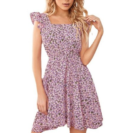 Womens Floral Ruffle Sleeveless Holiday Summer Beach Square Neck Mini Dresses | Walmart (US)