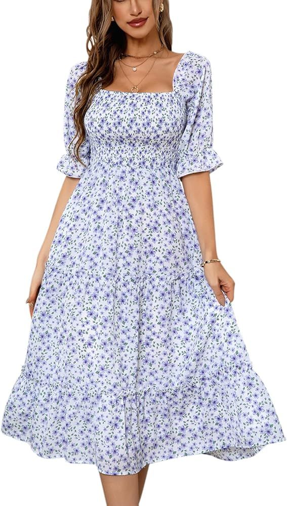 TEMOFON Women's Floral Print Dresses Square Neck Short Sleeve Dress Casual Flowy Midi Dresses S-X... | Amazon (US)
