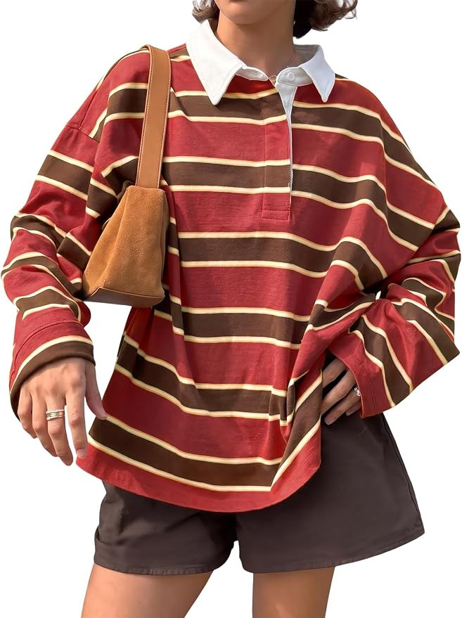 Tankaneo Womens Oversized Striped Long Sleeve Polo Shirts Fall Tops 2026 | Amazon (US)