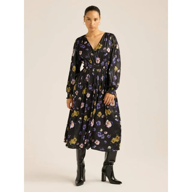 Scoop Women's V Neck Plissé Midi Dress, Sizes XS-XXL | Walmart (US)