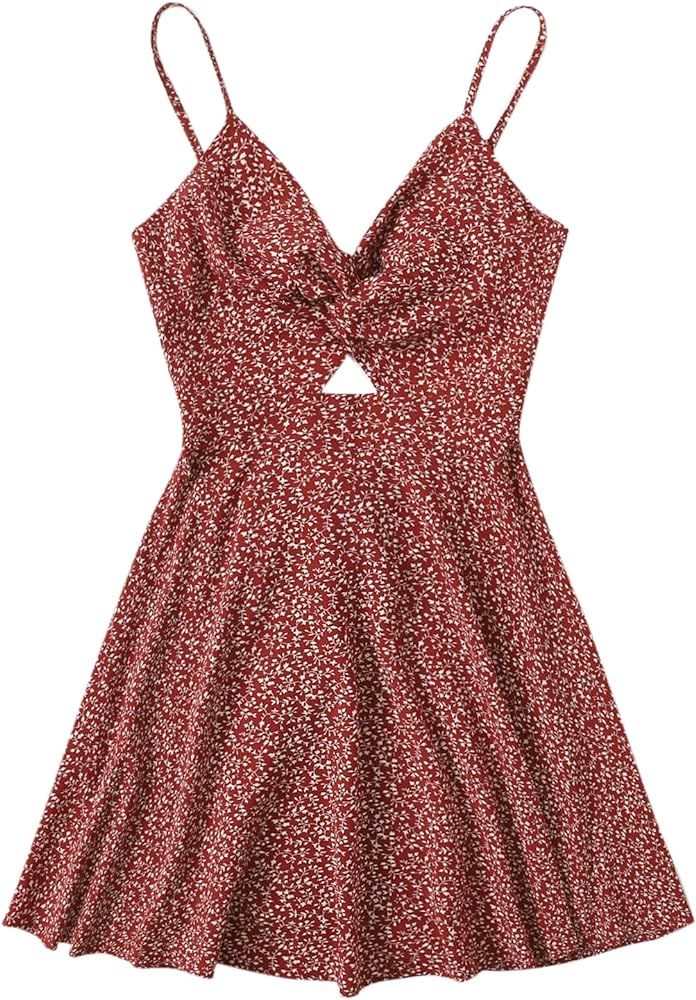 SheIn Women's Floral Print V Neck Cut Out Spaghetti Straps Sleeveless Mini Dress | Amazon (US)