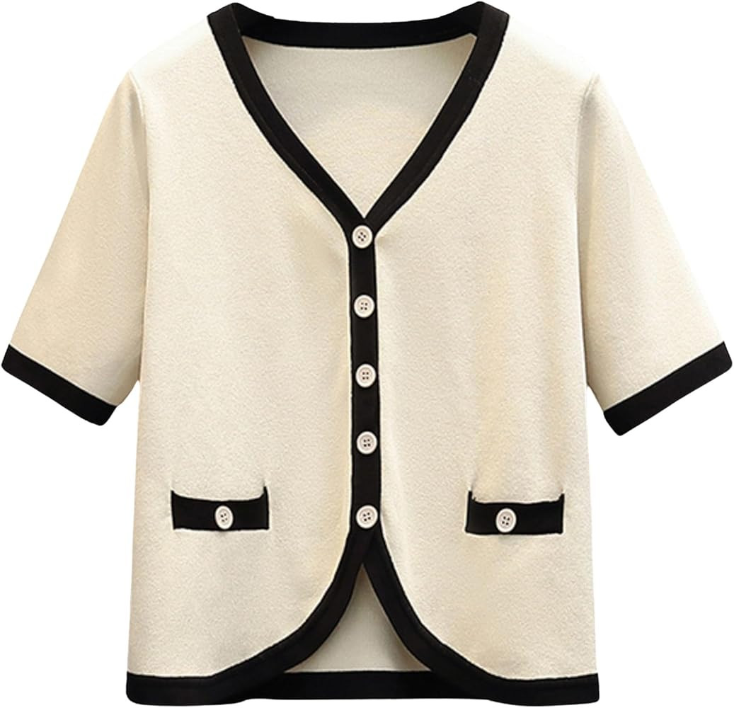 Chevara Women's Contrast Cardigan Sweaters Summer Casual Striped Cardigan Lightweight Short Sleev... | Amazon (US)