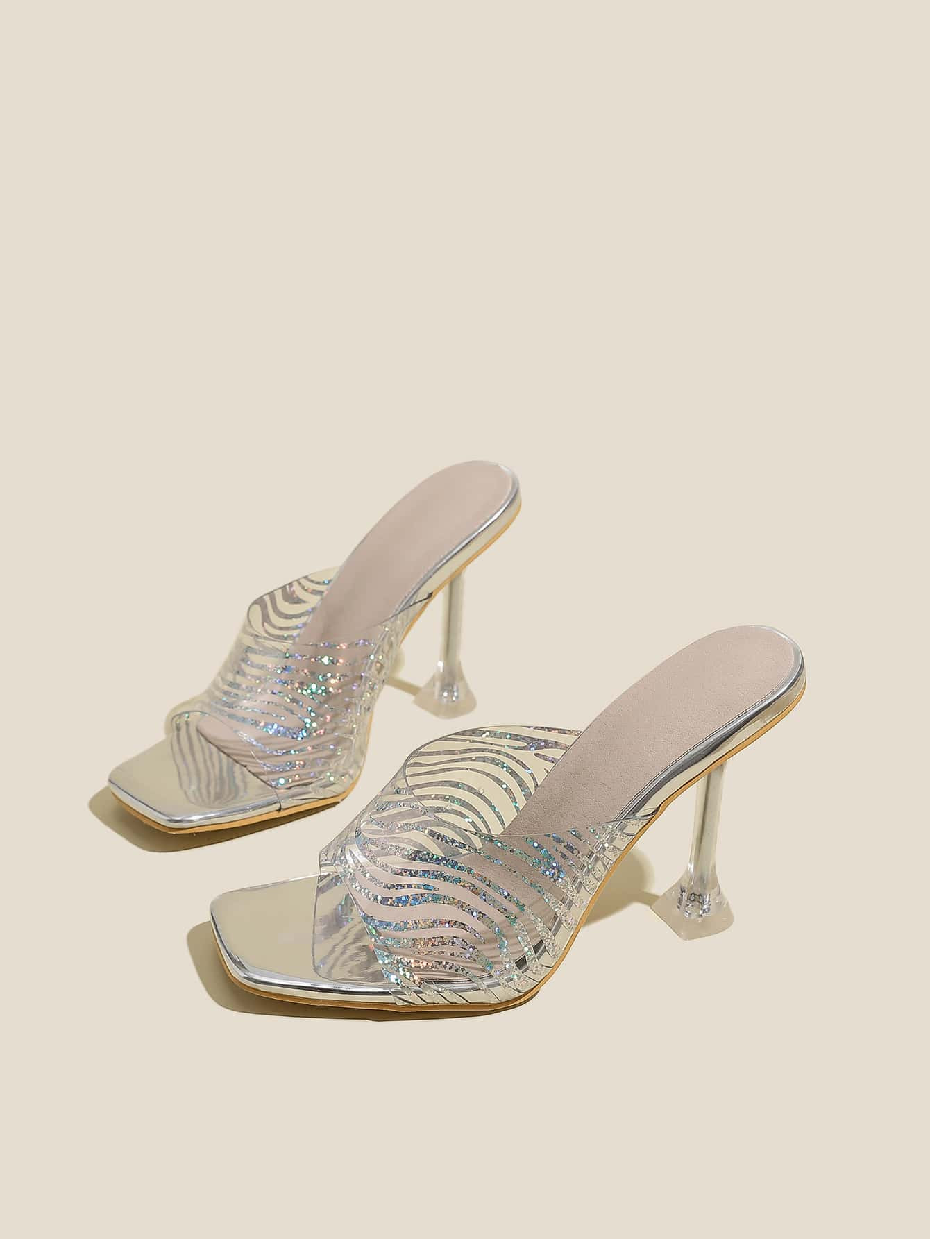 Women Sequin Decor Mule Sandals, Pyramid Heeled Glamorous Sandals Silver | SHEIN