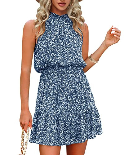 Floral Summer Dress for Women Chiffon Blouses Skirt Spaghetti Sleeveless Tops Halter Boho Romper Sun Summer Outfits X-Navy | Amazon (US)