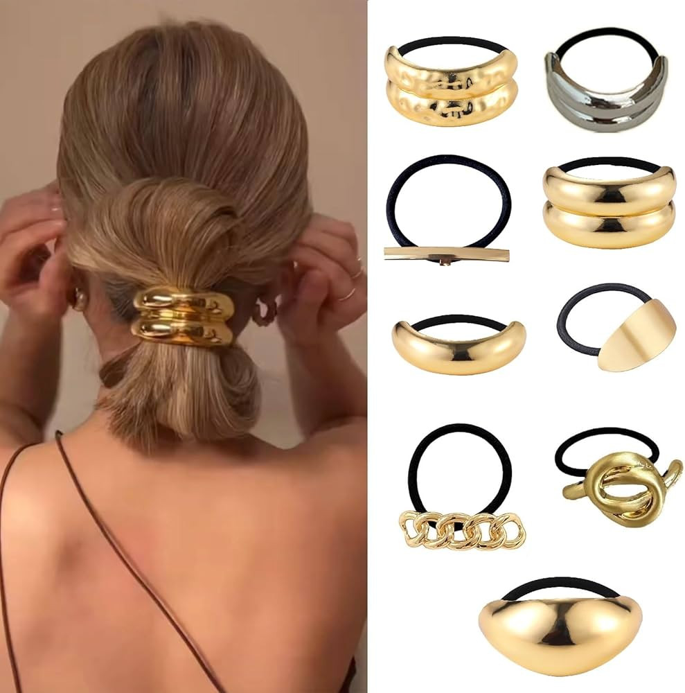 papasgix 9 PCS Metal Hair Ties, Metal Geometric Elastic Hair Ties, Hair Cuff Wrap Hair Ties for T... | Amazon (US)