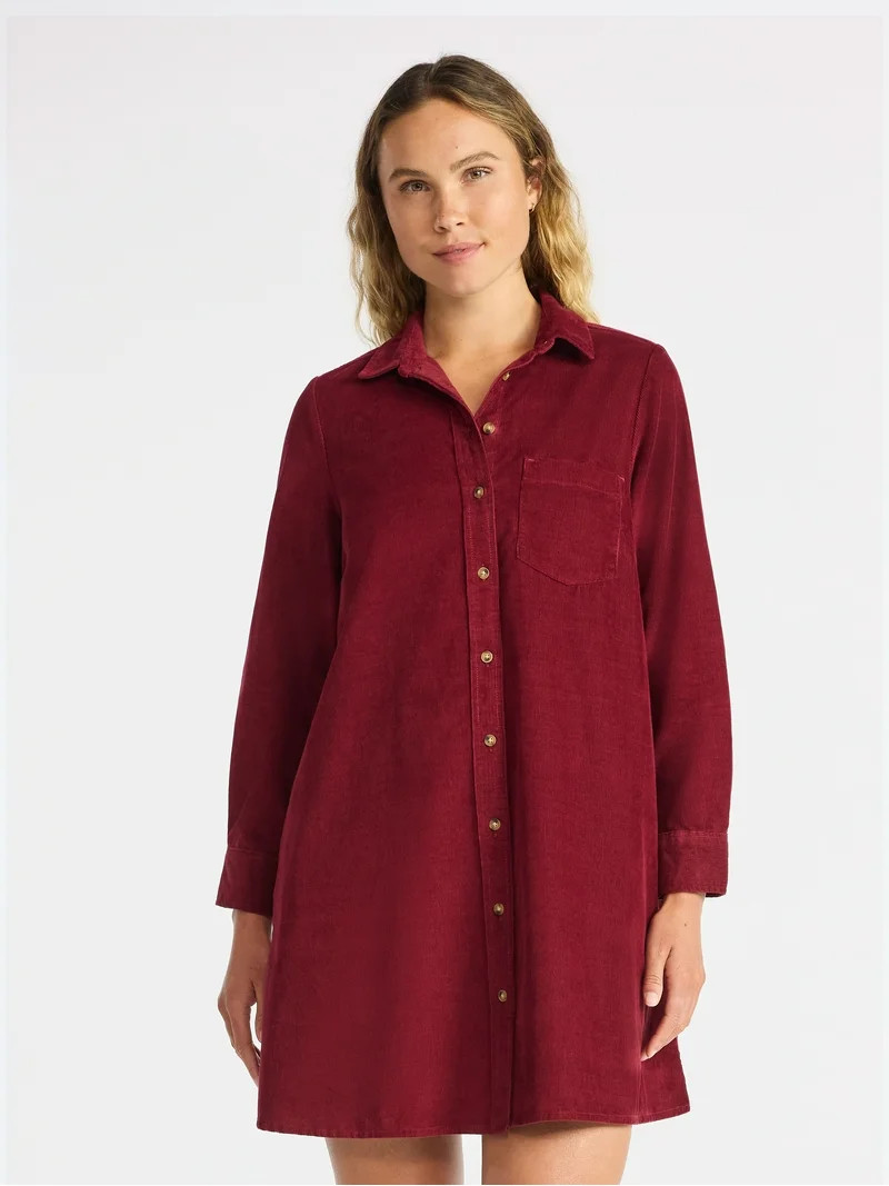 Time and Tru Women's Corduroy Shirtdress with Long Sleeves, Sizes XS – XXXL | Walmart (US)