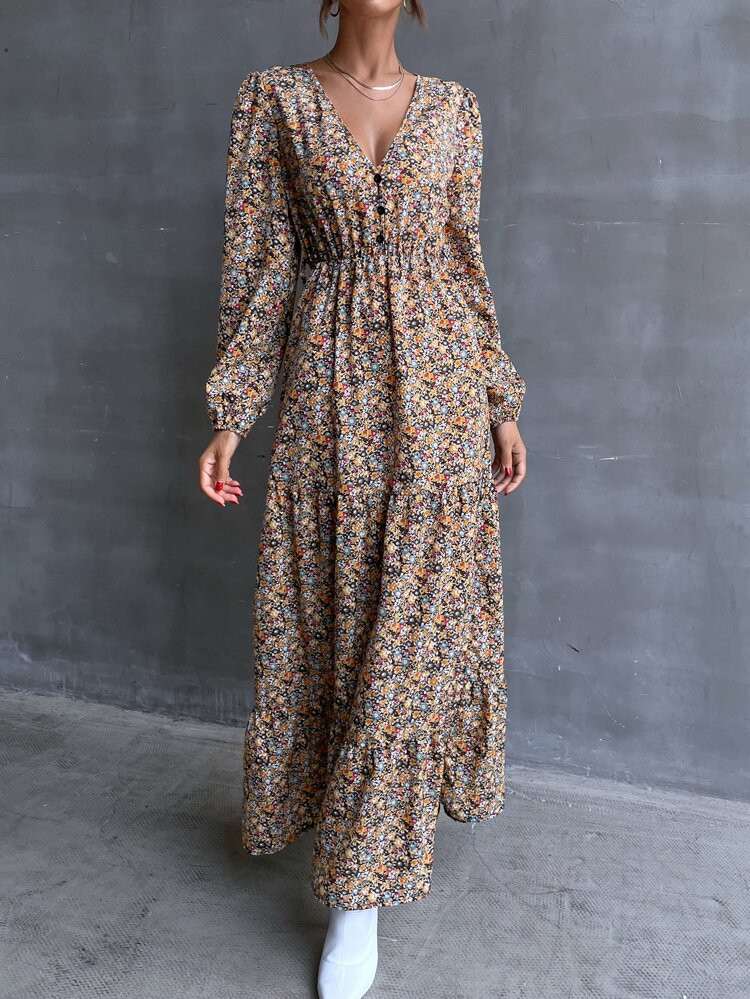 Floral Print Single Breasted Ruffle Hem Maxi Dress | SHEIN