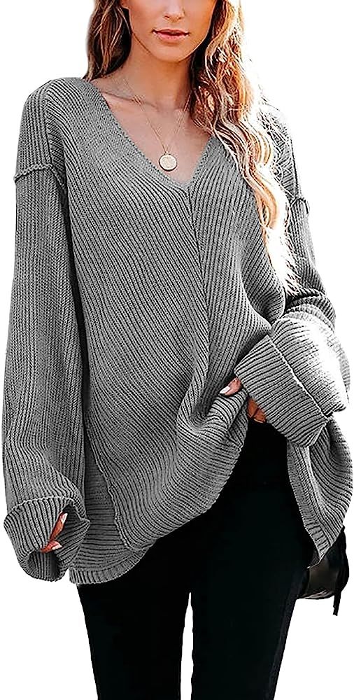 Womens Oversized V Neck Fall Sweaters Long Sleeve Lightweight Loose Plain Pullover Tops Grey at A... | Amazon (US)