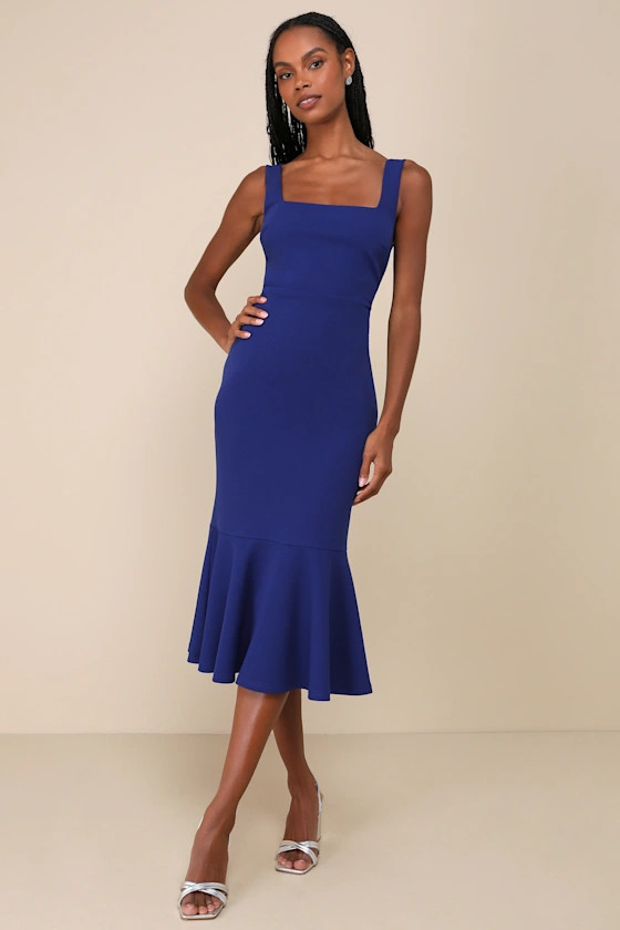 Moment Maker Cobalt Blue Square Neck Trumpet Midi Dress | Lulus