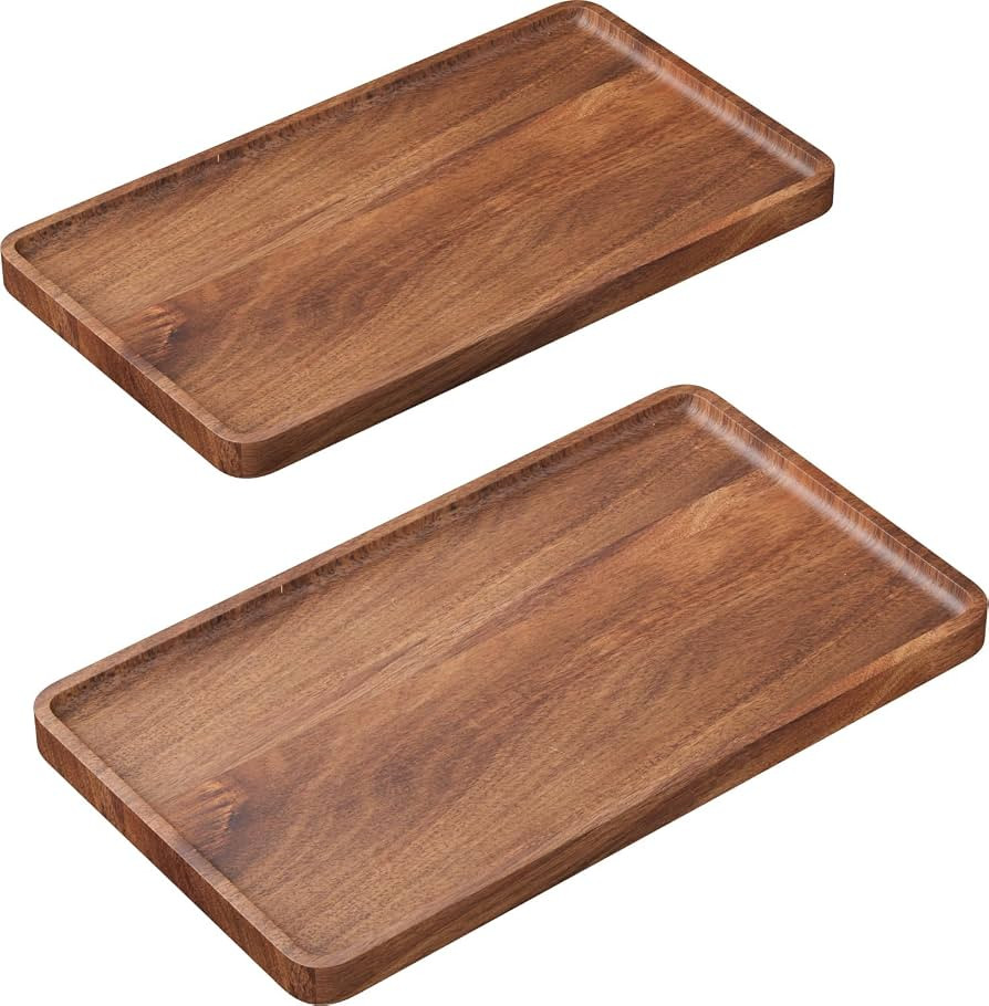 2 Pack Acacia Wood Serving Tray,13.8x7.9 Inch Decorative Trays Platter for Coffee Table,Living Ro... | Amazon (US)