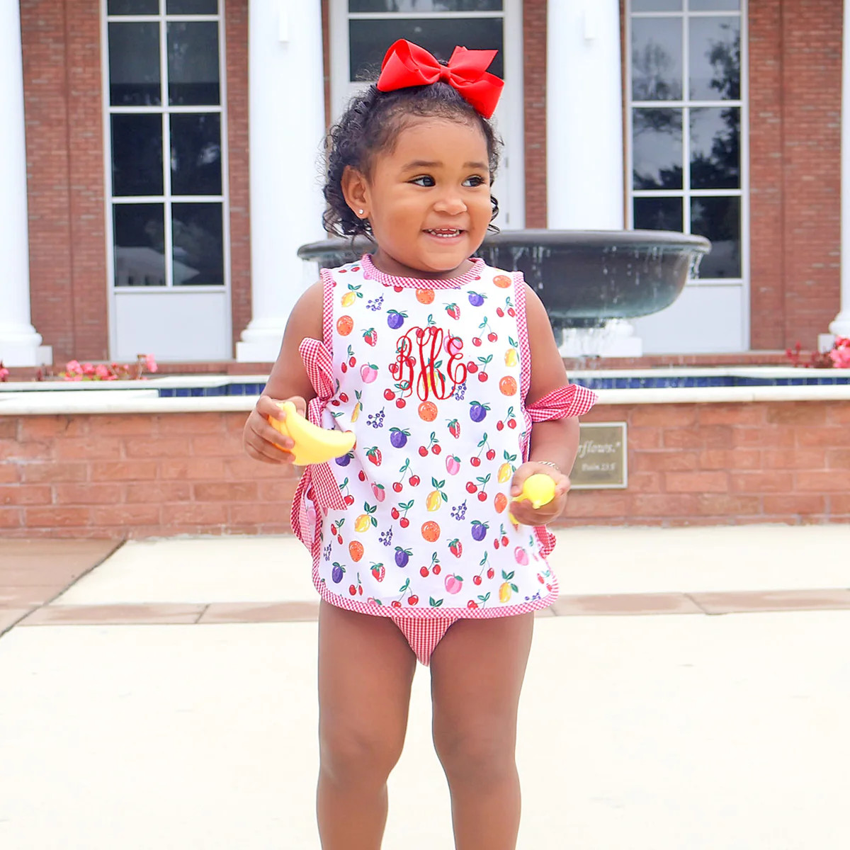 Fruity Print Red Gingham Side Tie Bow Popover Set | Classic Whimsy