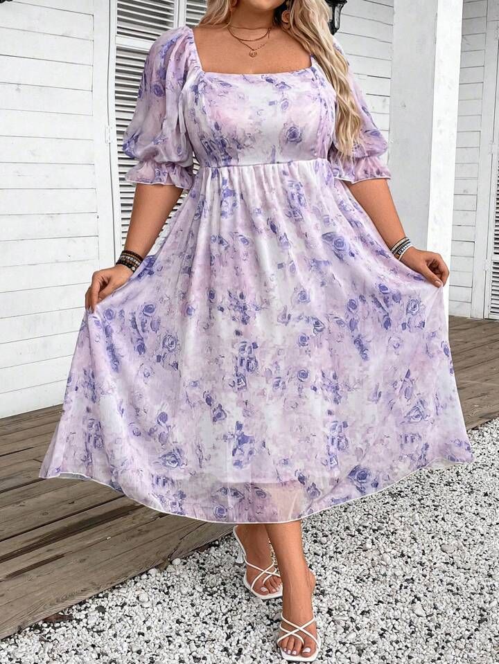 SHEIN CURVE+ Plus Size Square Neck Short Sleeve Chiffon Printed Summer Vacation Dress With Ruffle... | SHEIN