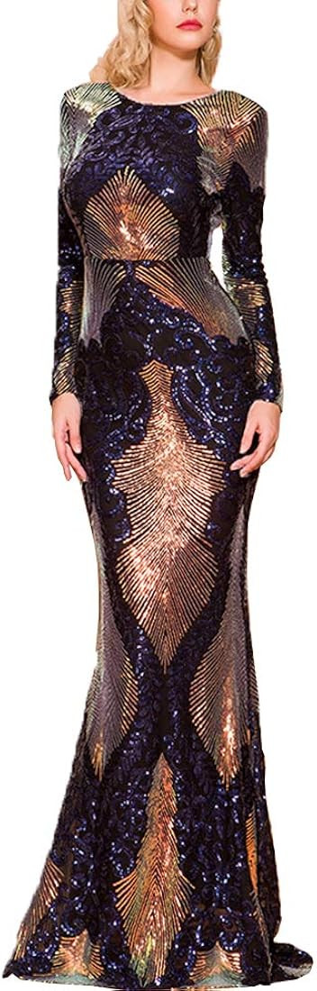 Lin Lin Q Women's Formal Sequin Evening Maxi Mermaid Dress, Long Sleeve Backless Gowns | Amazon (US)