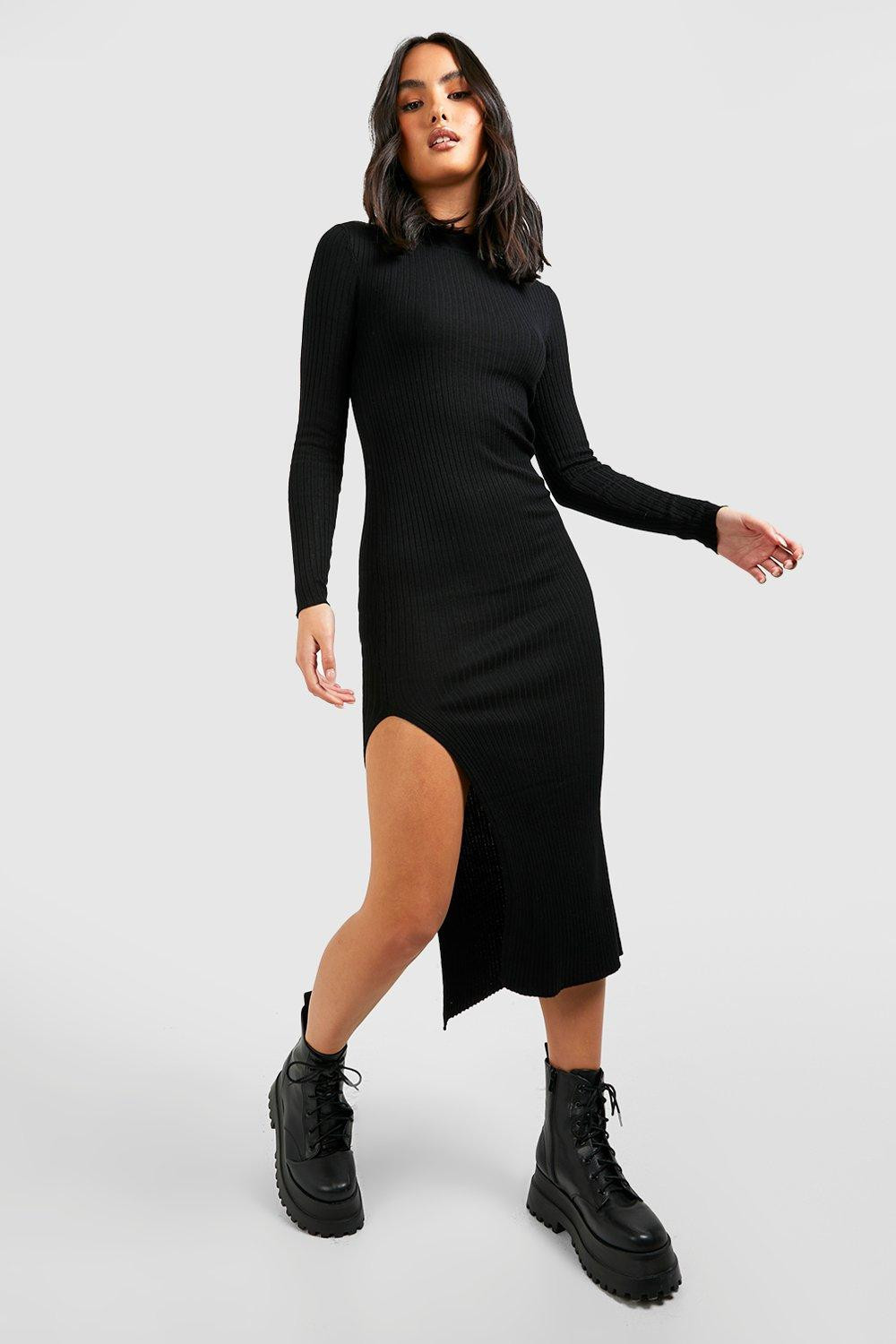 Womens Turtle Neck Rib Knit Midi Dress - Black - L | Boohoo.com (US & CA)