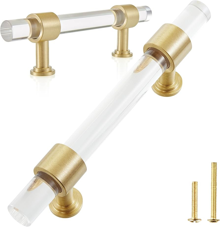 QOGRISUN 2-Pack Acrylic Cabinet Pulls with Brass Base, Gold Modern Drawer Handles, 3-inch Hole Ce... | Amazon (US)