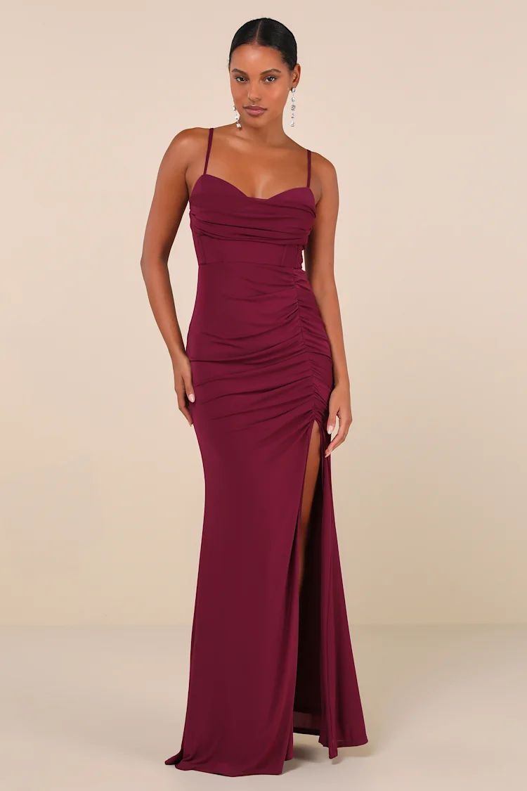 Flirty Composure Plum Purple Mesh Cowl Bustier Ruched Maxi Dress | Lulus