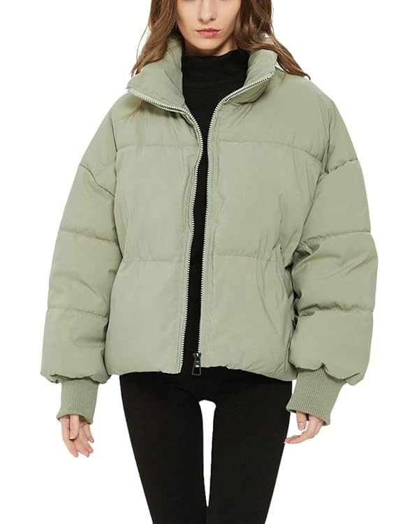 Kwoki Women's Zipper Puffer Jacket Baggy Long Sleeve Stand Collar Winter Short Down Coat | Amazon (US)