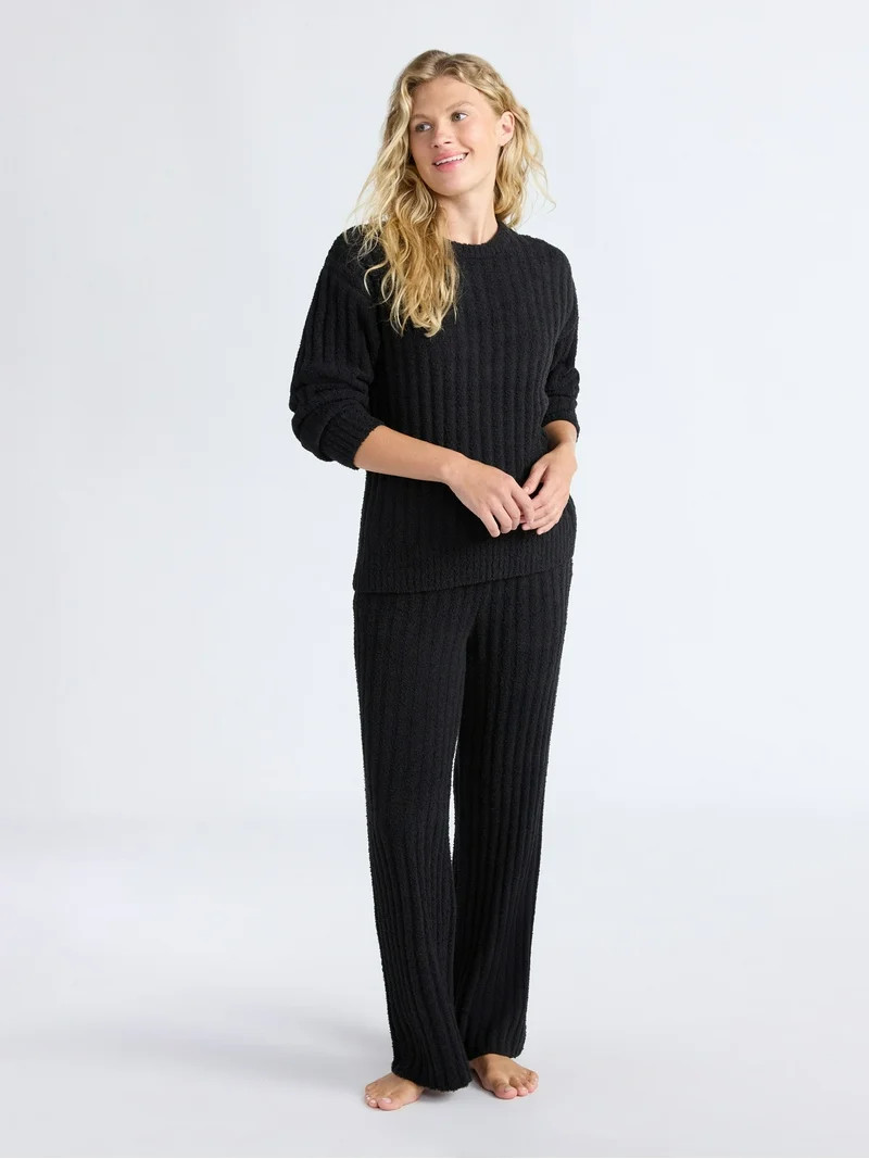 Joyspun Women's Cozy Ribbed Crewneck Top and Wide-Leg Pants Set, 2-Piece, Sizes XS-3X | Walmart (US)