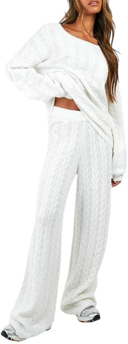 NUFIWI Women Oversized Sweater 2 Piece Sets Long Sleeve Knit Pullover with Wide Leg Pants Fall Wi... | Amazon (US)