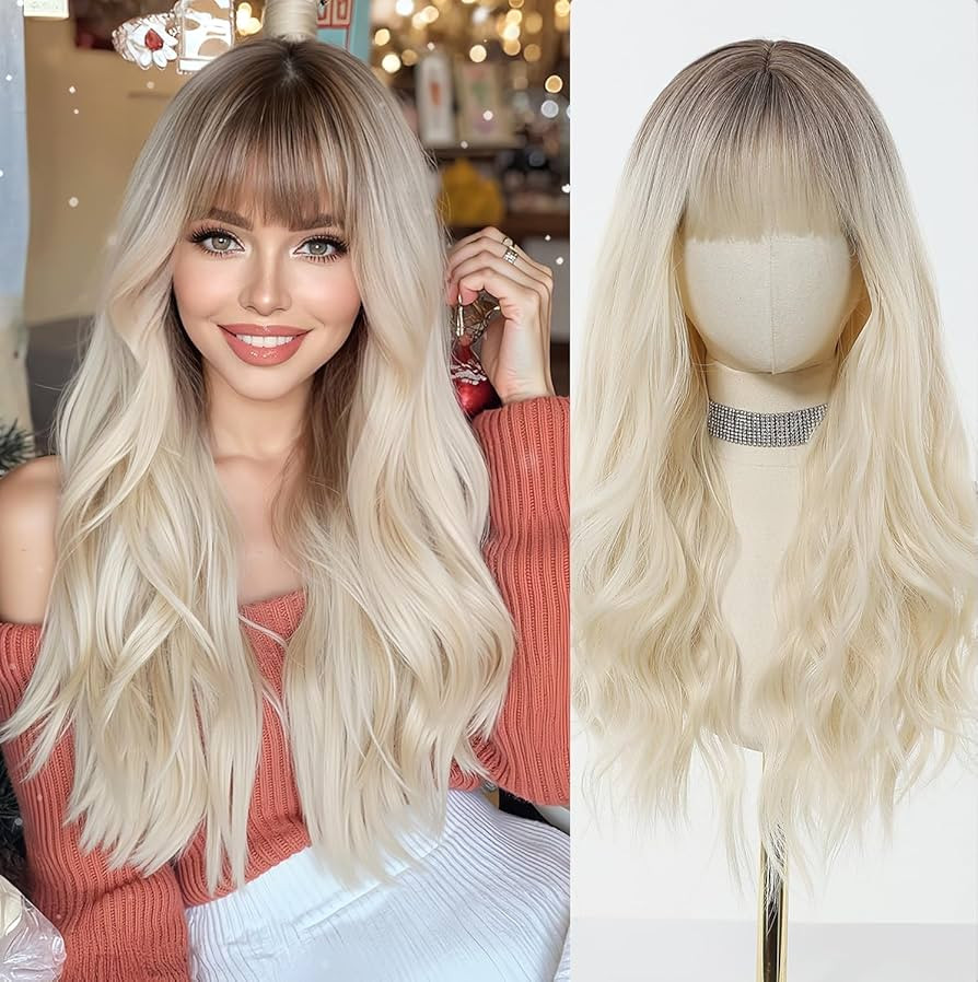 Esmee 26 Inches Long Blonde Wig with Bangs Natural Synthetic Hair Ombre Blonde Wavy Wig with Dark... | Amazon (US)