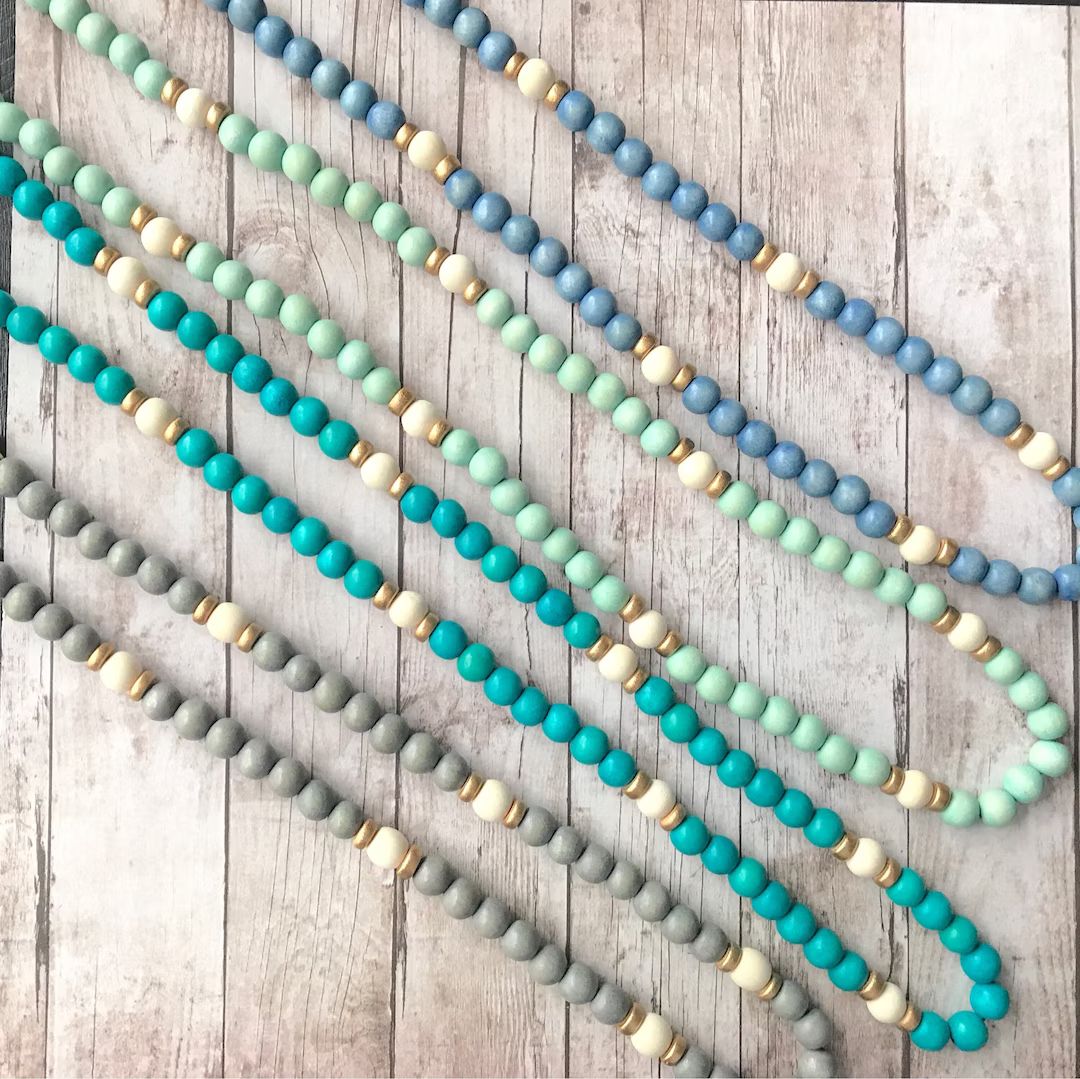 Long beaded wood necklace. Gray. Turquoise. Blue. Seafoam. Mint green. Aqua. | Etsy (US)