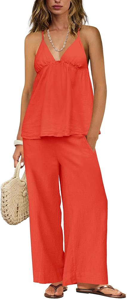 ReachMe Womens 2 Piece Linen Set Spaghetti Strap Top and Wide Leg Pants Set with Pockets Loungewe... | Amazon (US)