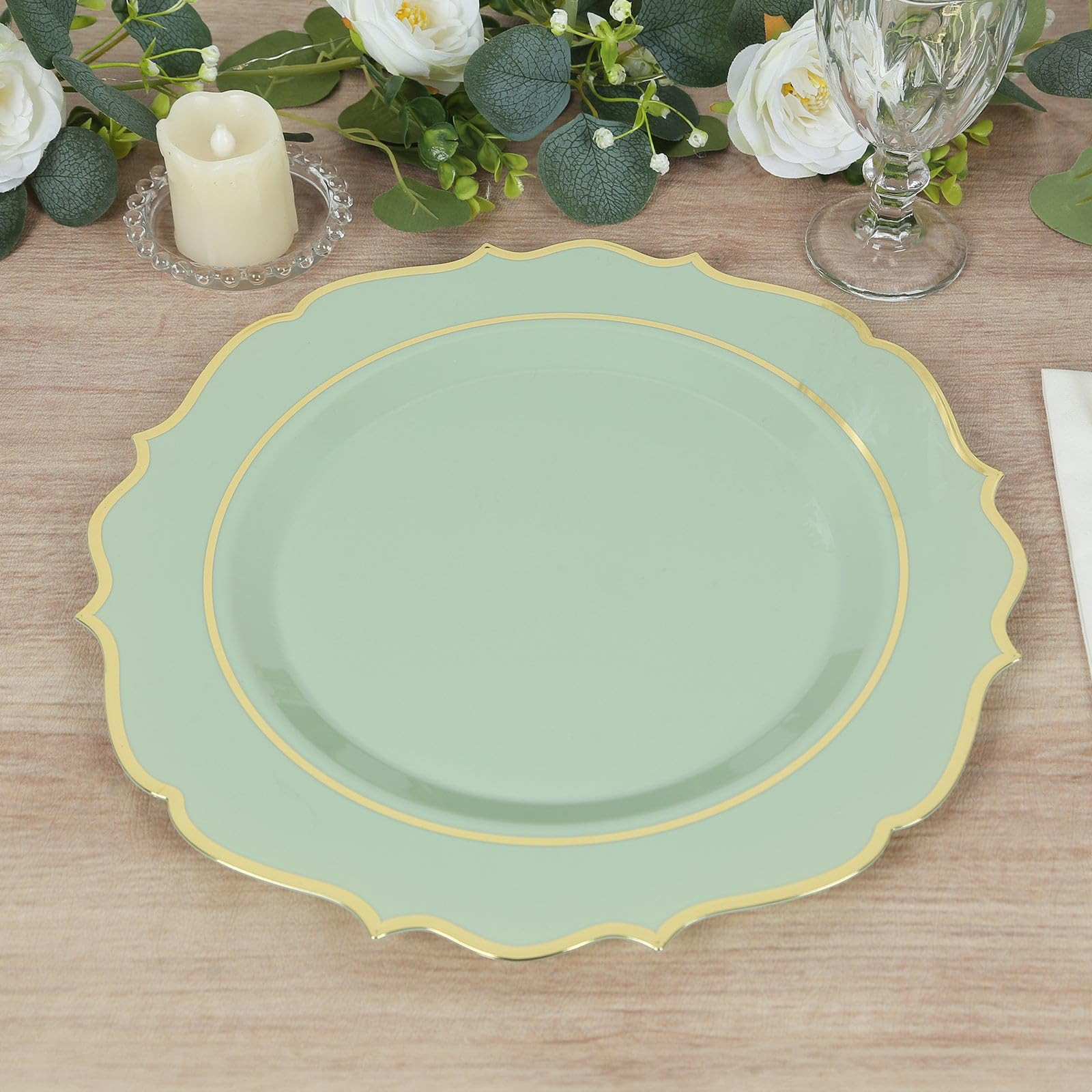Efavormart 10 Pack Sage Green Economy Plastic Charger Plates With Gold Scalloped Rim, Round Decor... | Amazon (US)