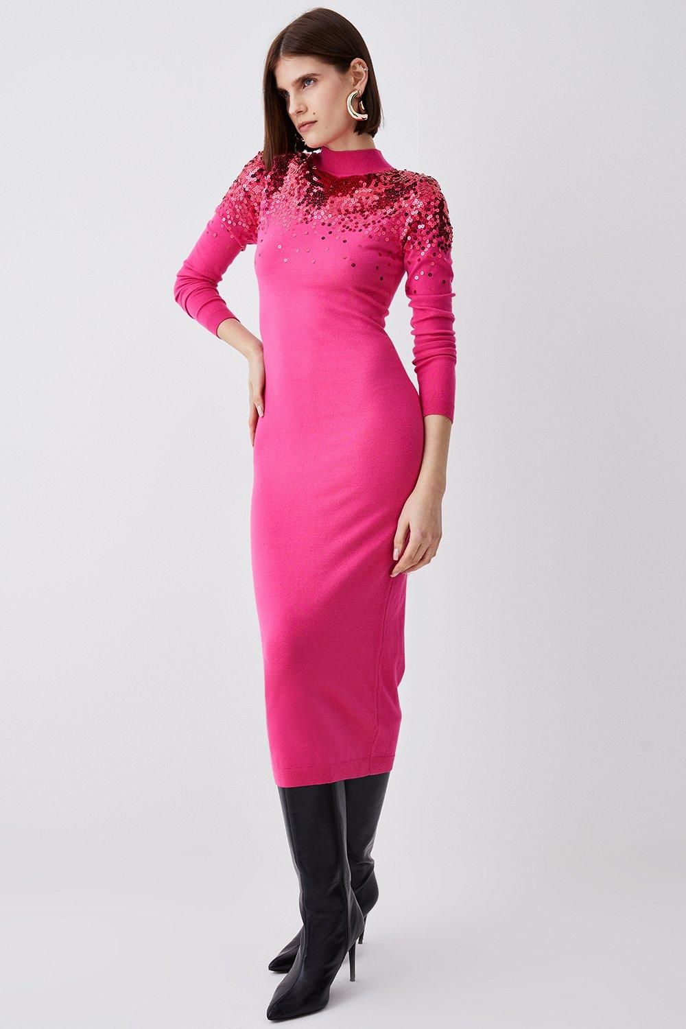 Sequin Knit Pencil Dress | Karen Millen US