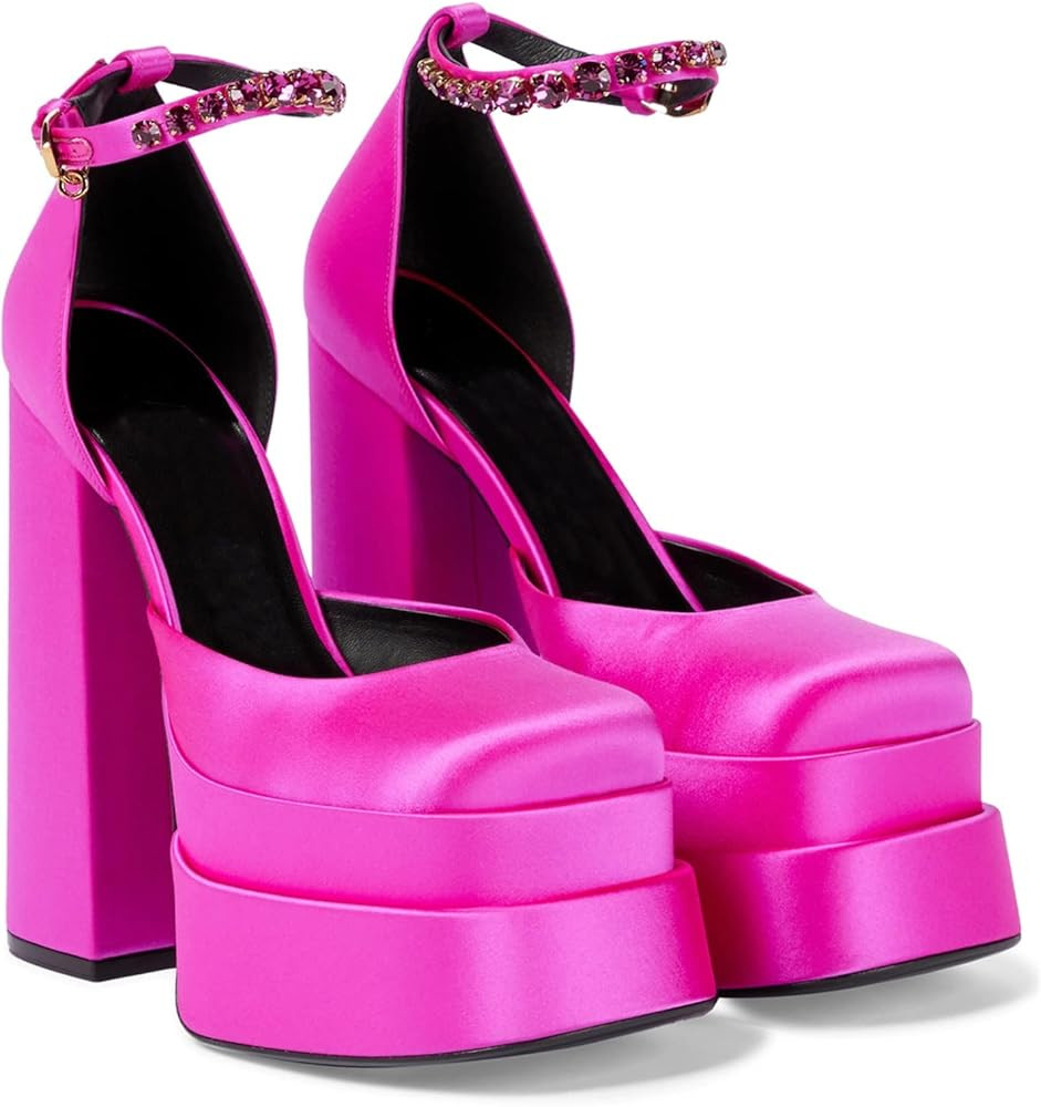 keleimusi Hot Heeled Platform Pumps for Women Silk Satin Chunky Heels Ankle Straps Sexy Fashion Dres | Amazon (US)