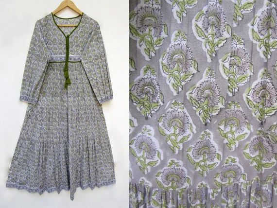 Ethnic Block Printed Cotton Long Maxi Dress  V Neckline With | Etsy | Etsy (US)