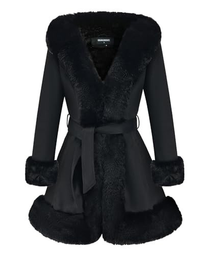 GRAN ORIENTE Black Suede Jacket for Women with Faux Fur Collar,Long Sleeve Warm Winter Parka Coat with Belt Outerwear(056 Black L) | Amazon (US)