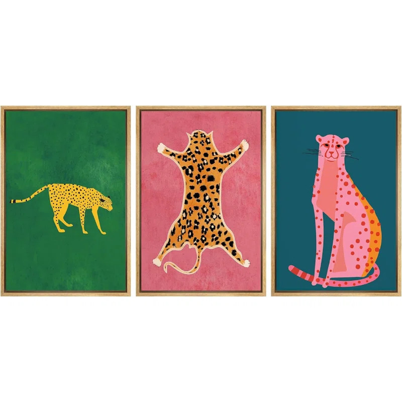 Bright Preppy Animals Vibrant Tiger Leopard Colorful Pictures Framed Canvas 3 Pieces Print Wall A... | Wayfair North America
