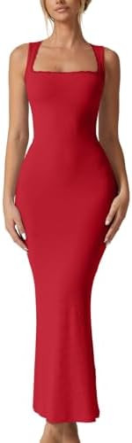 QINSEN Women's Square Neck with Lace Detail Long Maxi Dress Sleeveless Lounge Ribbed Full Length ... | Amazon (US)